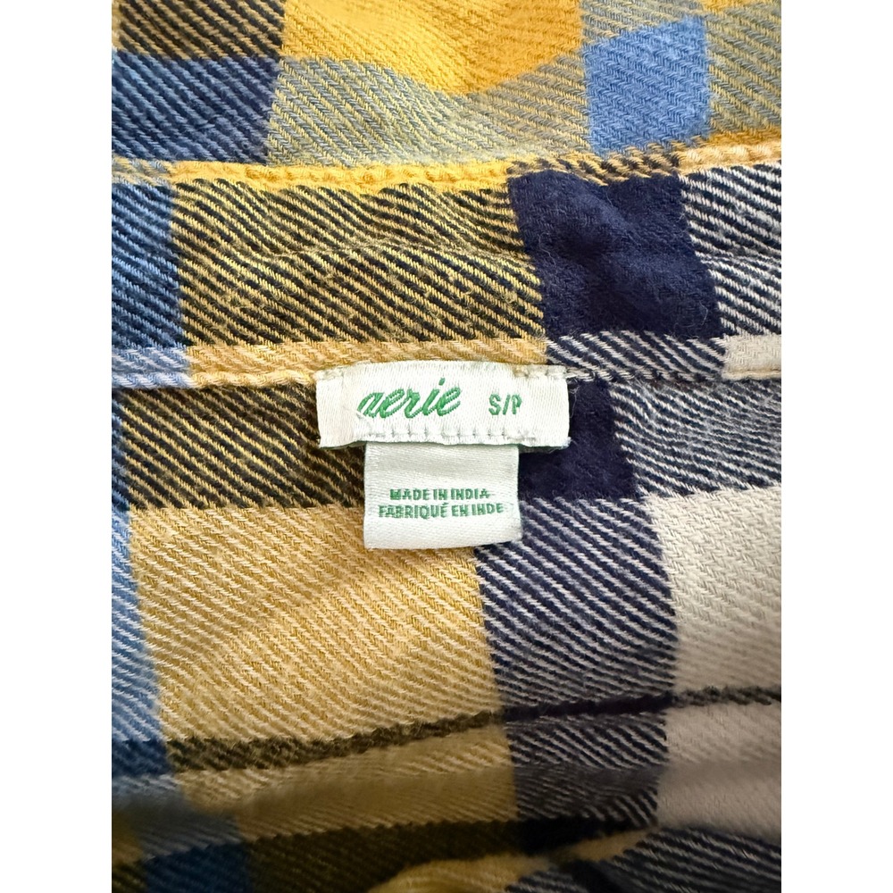 Aerie Womens Yellow Navy Blue Plaid Flannel Button Down Shirt Small S P - Picture 5 of 6